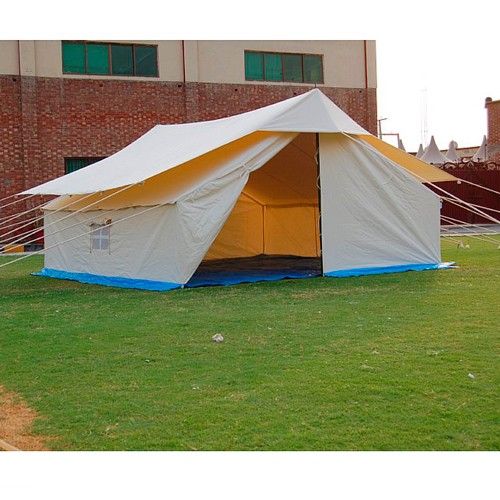 White canvas double fly tent with yellow inner lining