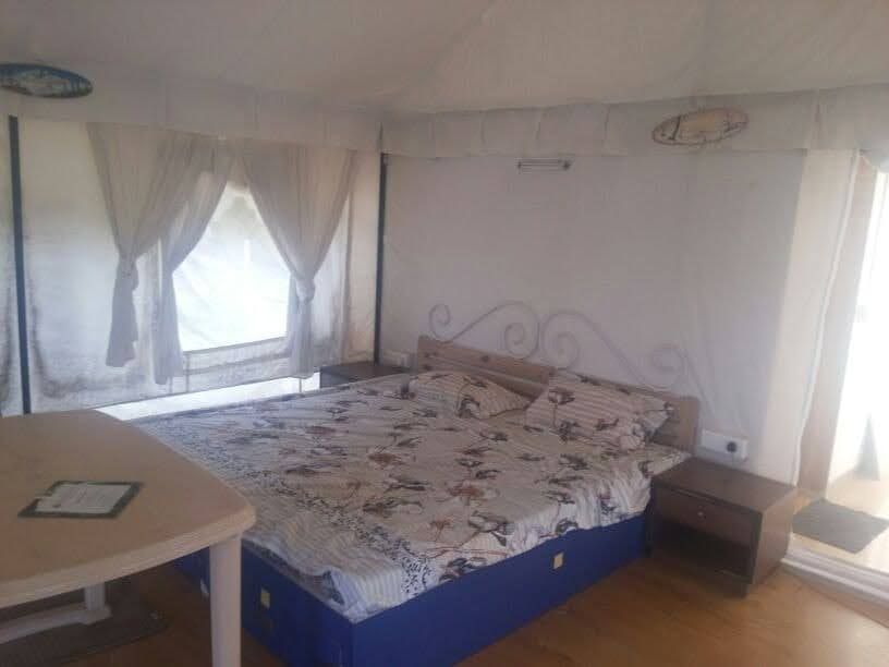 Inside a Swiss cottage tent furnished as a guest room
